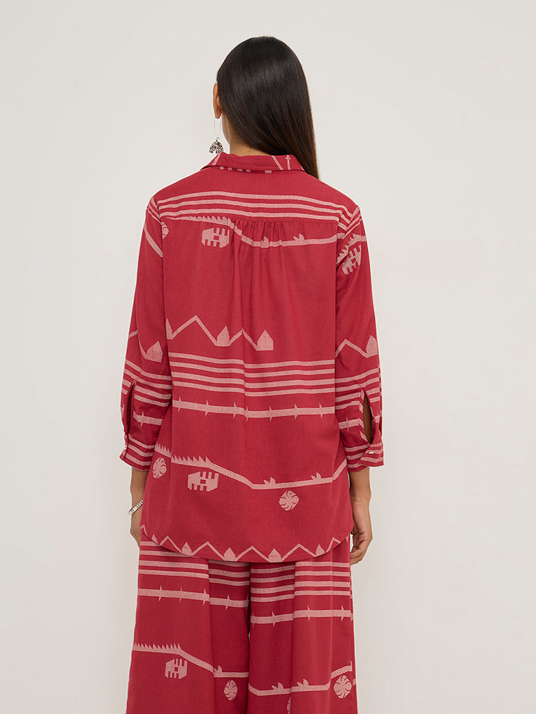 Utsa Red Ikat Printed Ethnic Cotton Blend Tunic