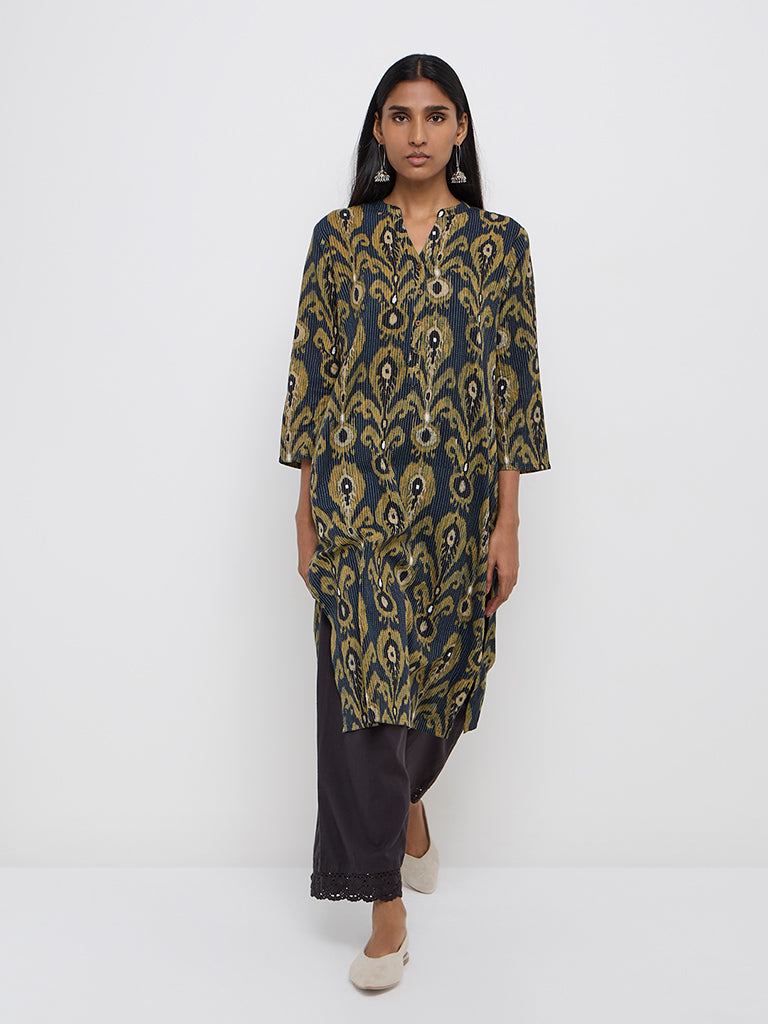 Utsa Indigo Ikat-Printed Cotton Blend Straight Kurta