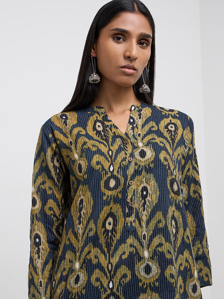 Utsa Indigo Ikat-Printed Cotton Blend Straight Kurta