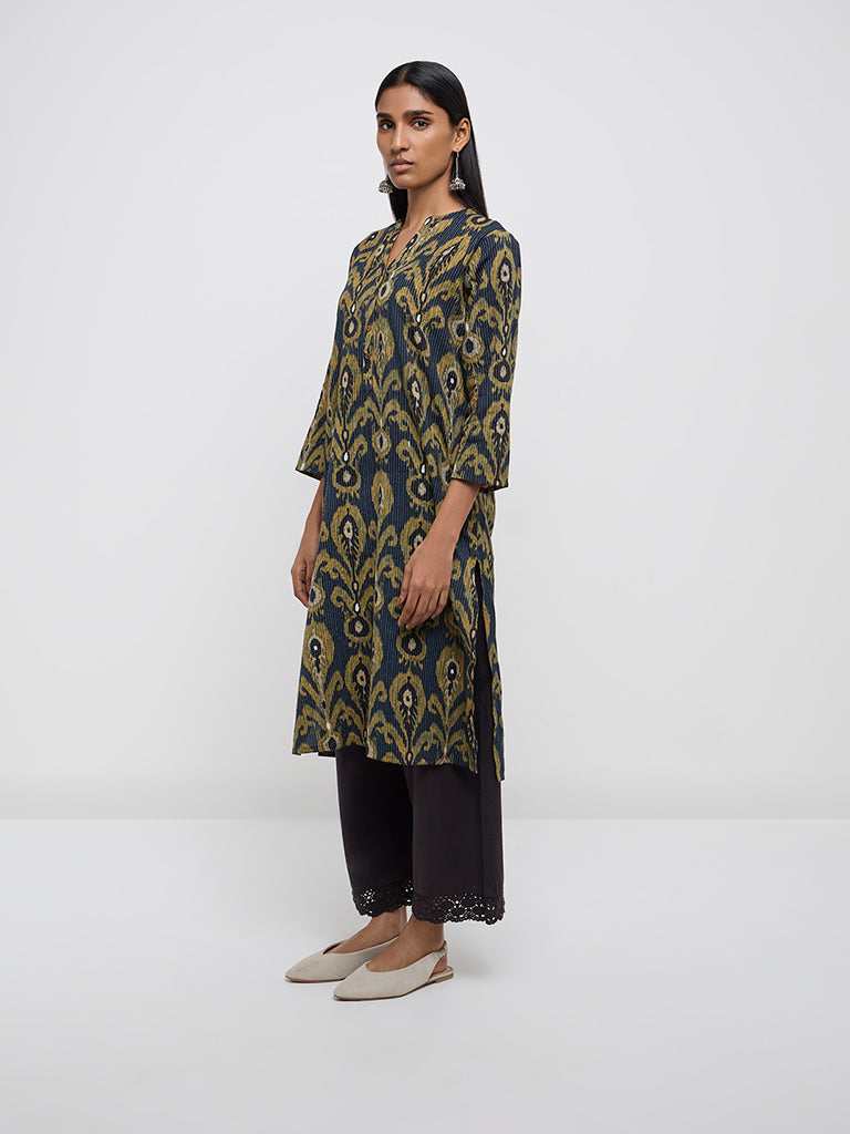 Utsa Indigo Ikat-Printed Cotton Blend Straight Kurta