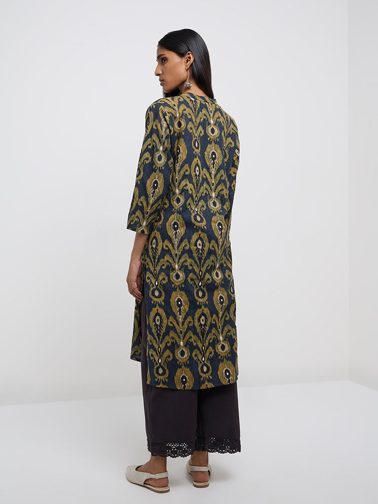 Utsa Indigo Ikat-Printed Cotton Blend Straight Kurta