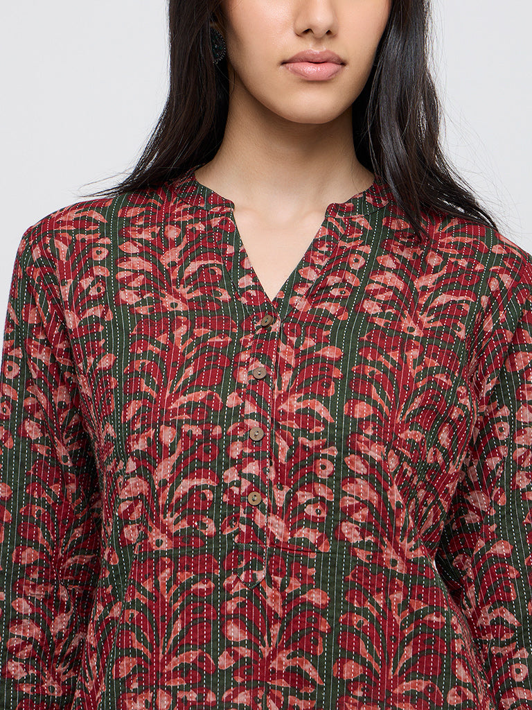 Utsa Red Floral Printed Cotton Blend Straight Kurta