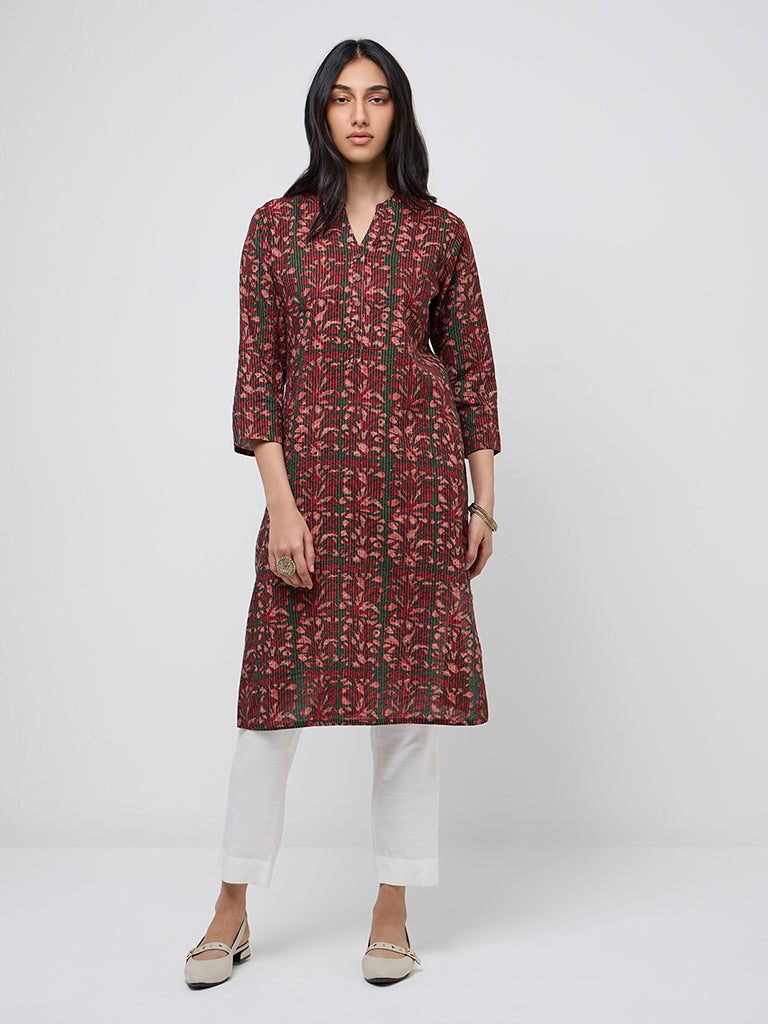 Utsa Red Floral Printed Cotton Blend Straight Kurta