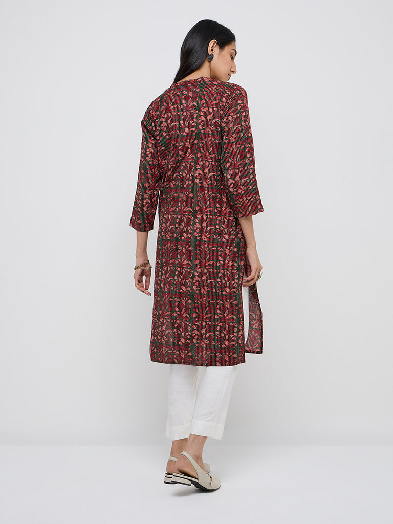 Utsa Red Floral Printed Cotton Blend Straight Kurta