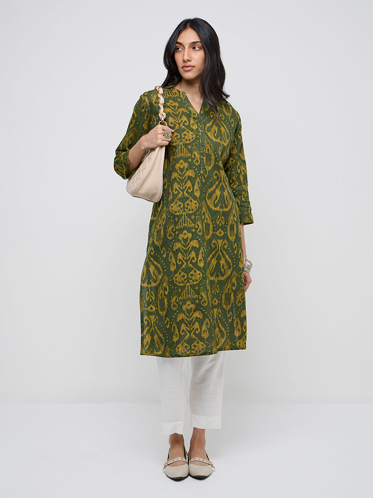 Utsa Green Ikat-Printed Cotton Blend Straight Kurta