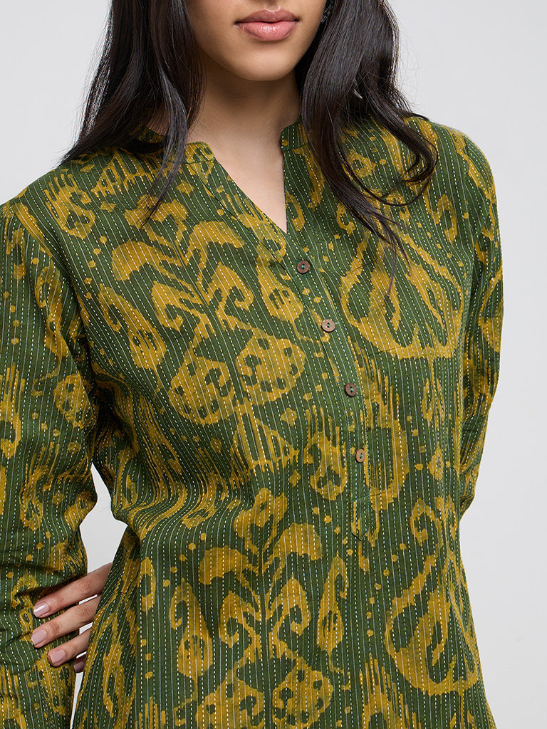 Utsa Green Ikat-Printed Cotton Blend Straight Kurta