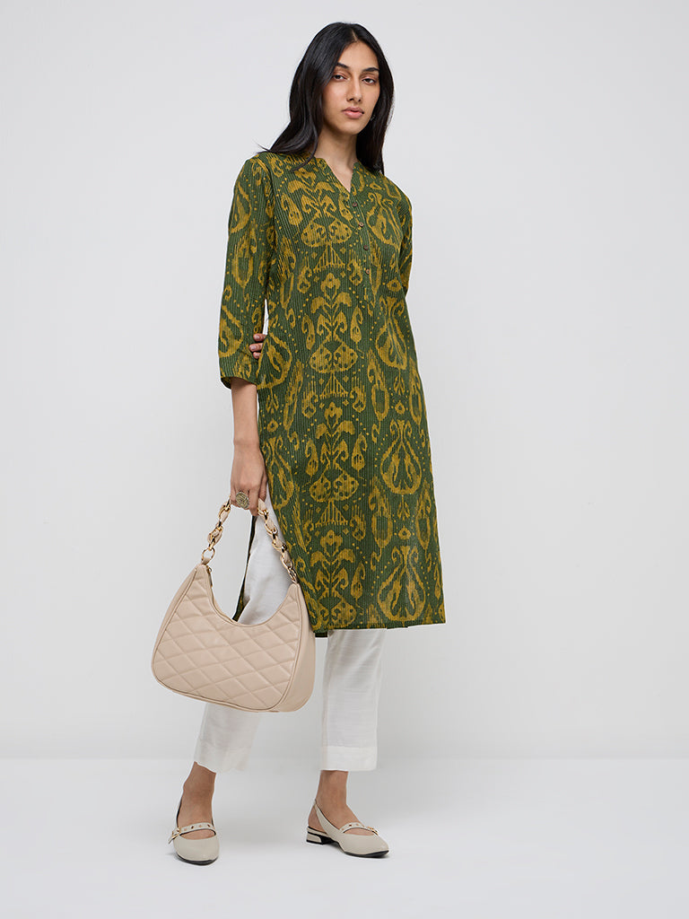 Utsa Green Ikat-Printed Cotton Blend Straight Kurta