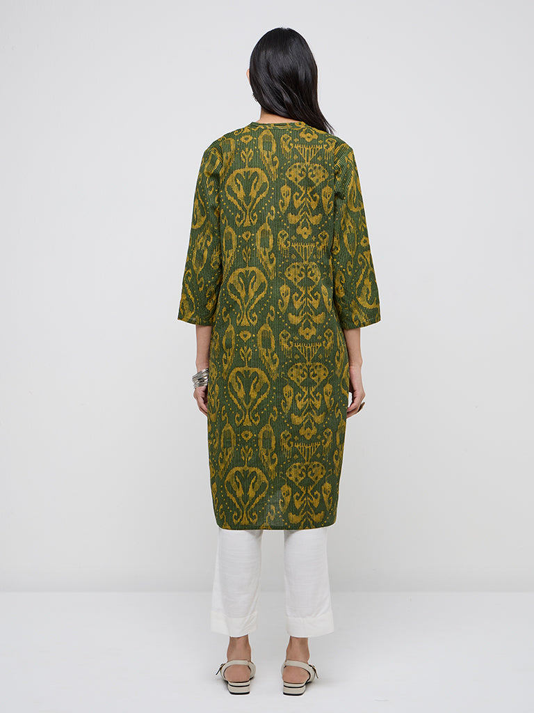 Utsa Green Ikat-Printed Cotton Blend Straight Kurta