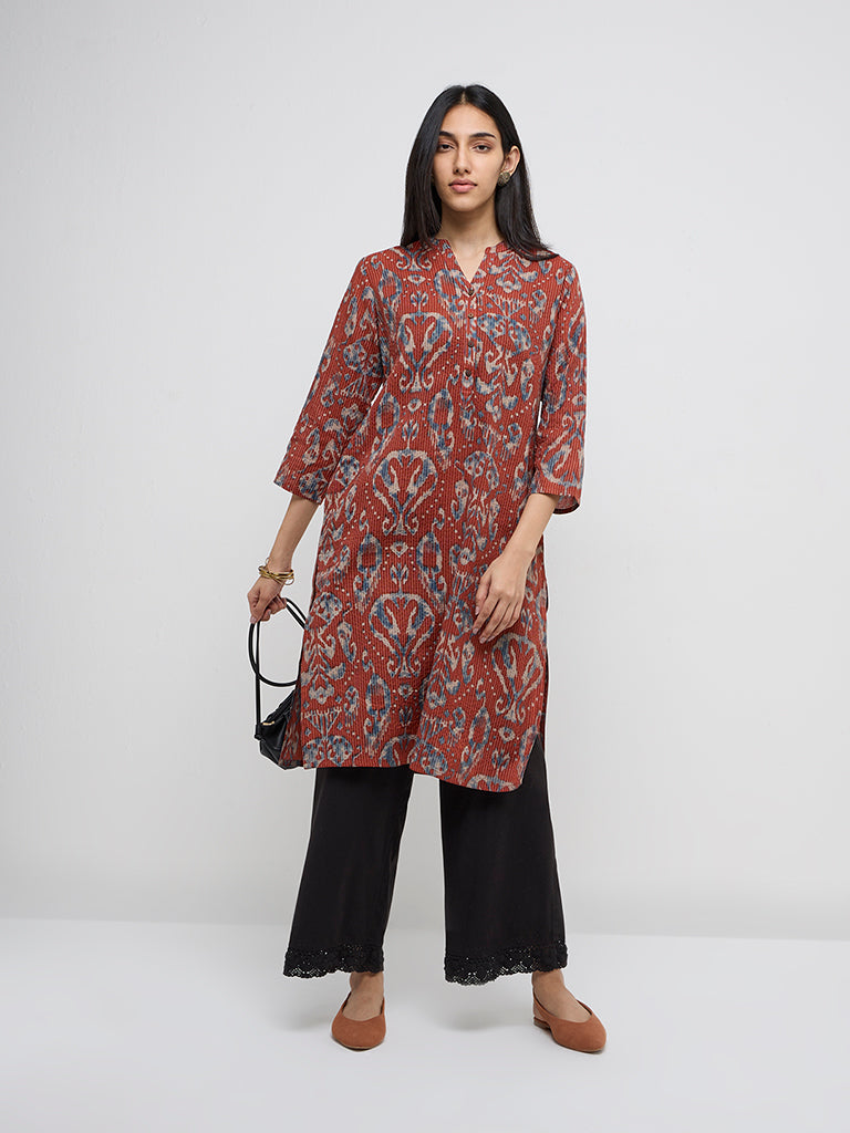 Utsa Rust Kantha Embroidered Cotton Blend Straight Kurta