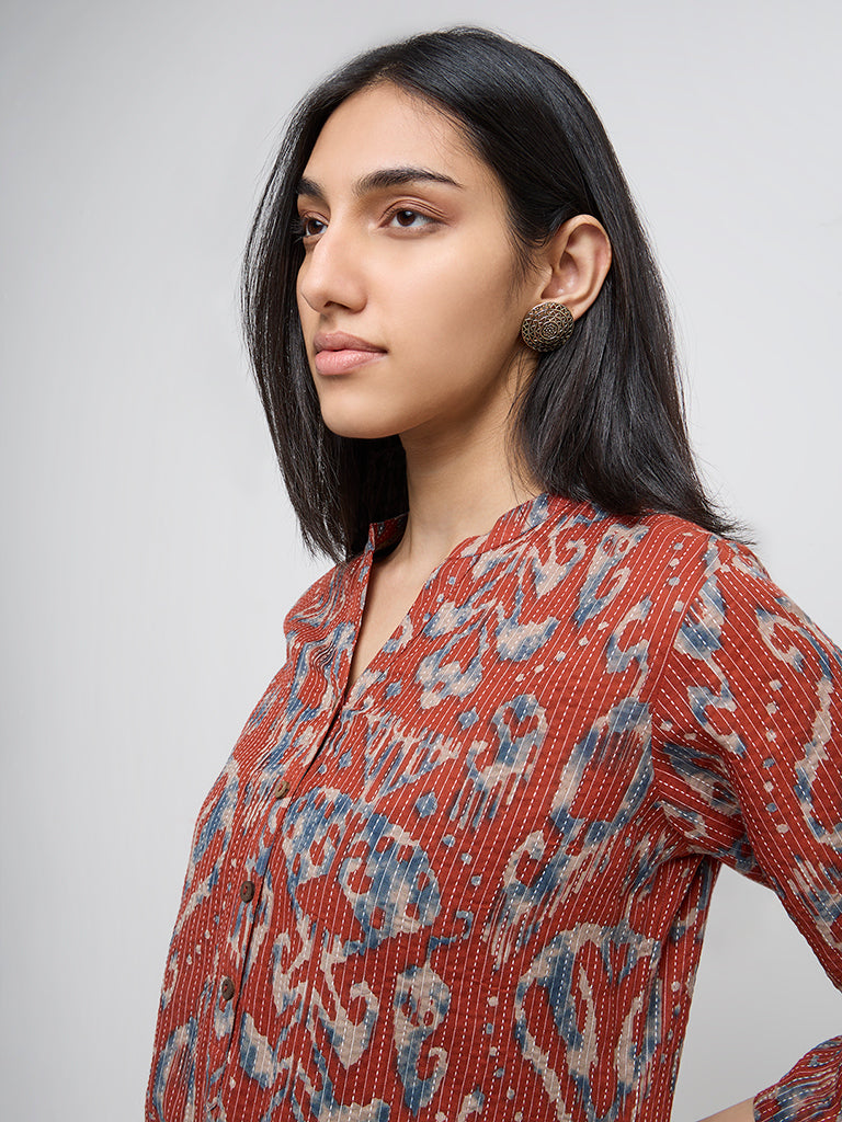 Utsa Rust Kantha Embroidered Cotton Blend Straight Kurta