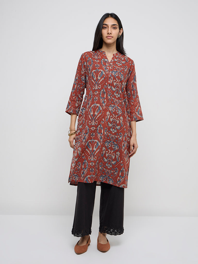 Utsa Rust Kantha Embroidered Cotton Blend Straight Kurta