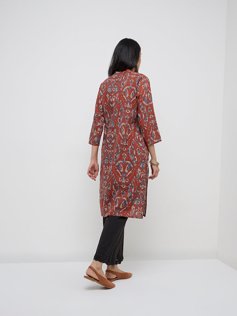 Utsa Rust Kantha Embroidered Cotton Blend Straight Kurta