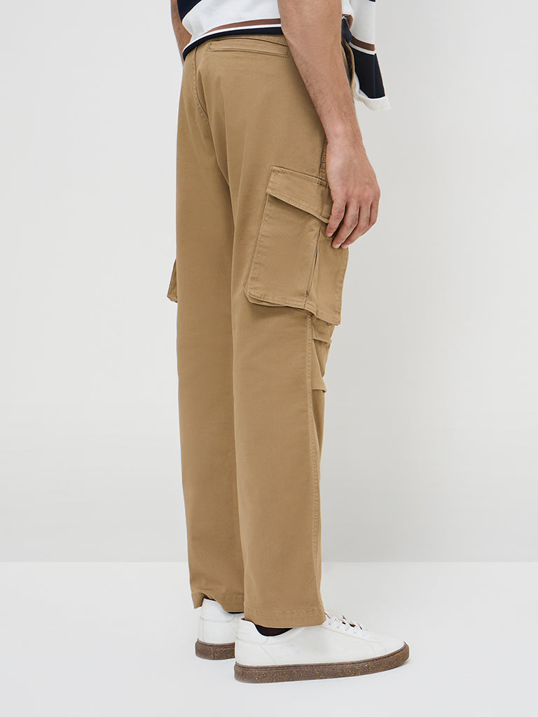 WES Casuals Beige Cargo-Style Relaxed-Fit Mid-Rise Cotton-Blend Chinos