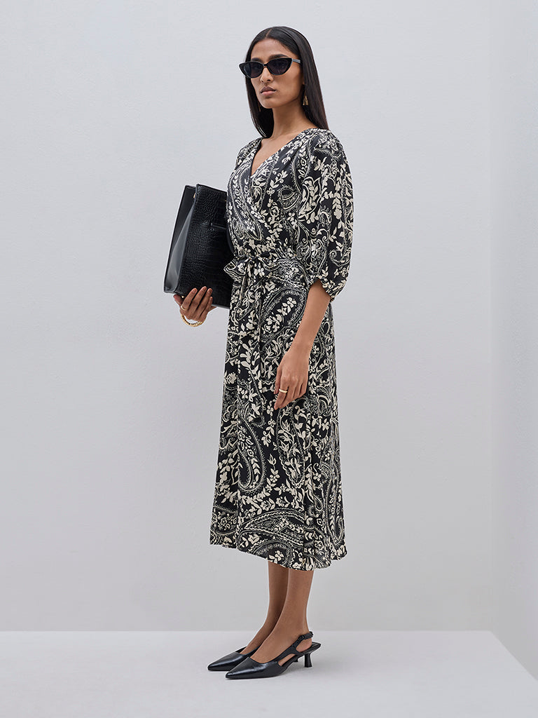 Wardrobe Black Floral Printed A-Line Dress with Belt