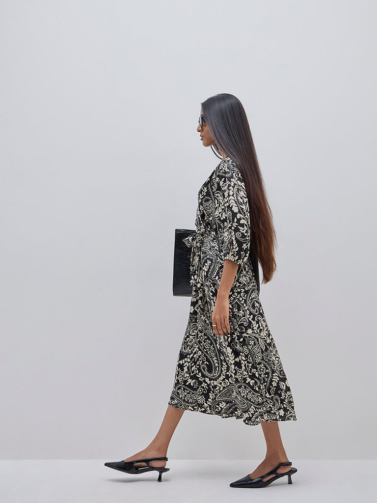 Wardrobe Black Floral Printed A-Line Dress with Belt