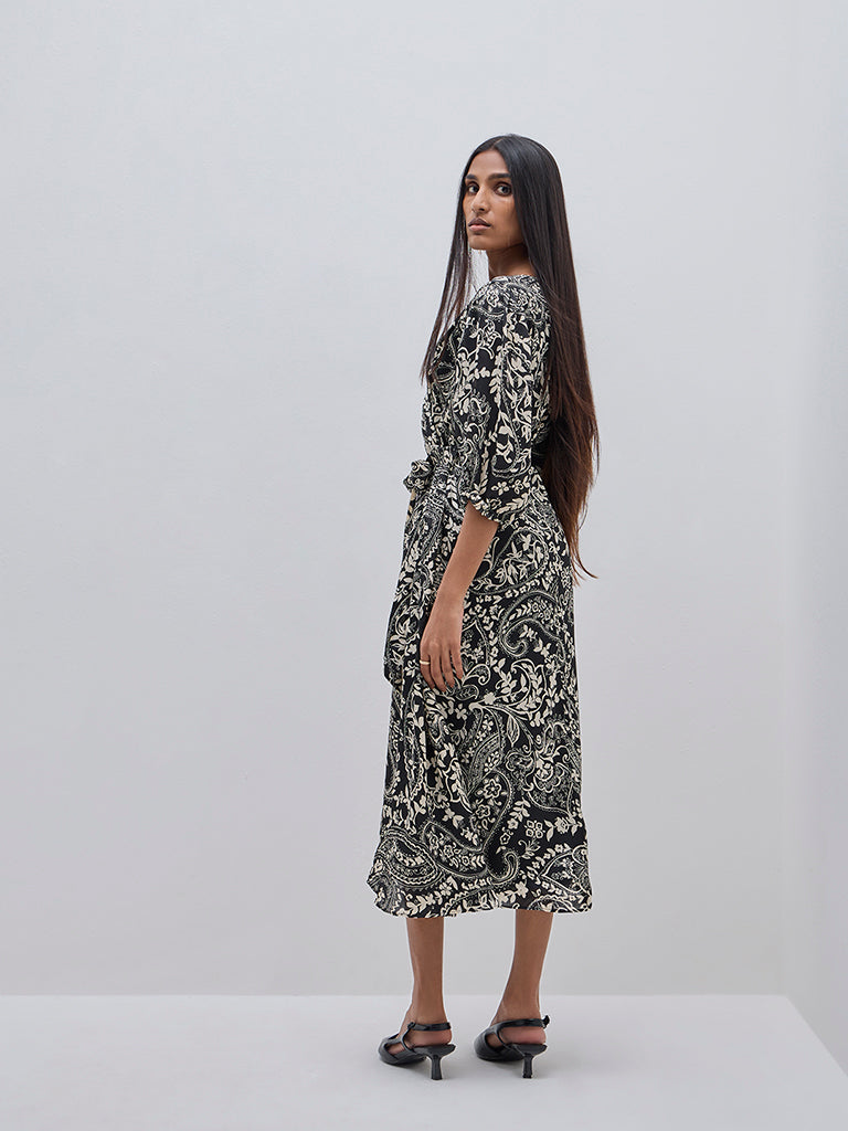 Wardrobe Black Floral Printed A-Line Dress with Belt