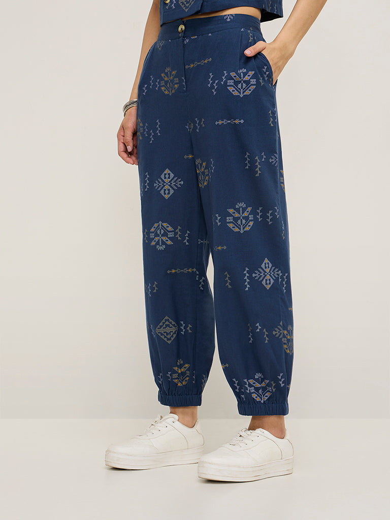 Bombay Paisley Navy Printed High-Rise Cotton-Blend Joggers