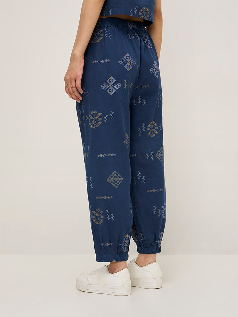 Bombay Paisley Navy Printed High-Rise Cotton-Blend Joggers