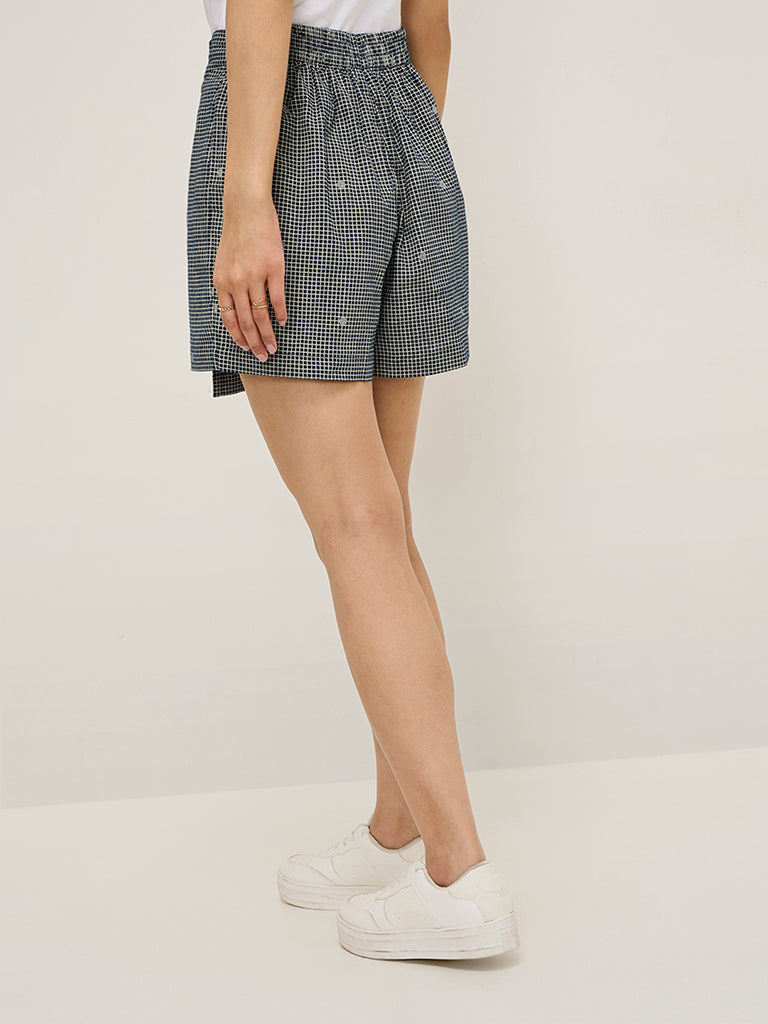 Bombay Paisley Navy Checks Printed High-Rise Cotton Skort