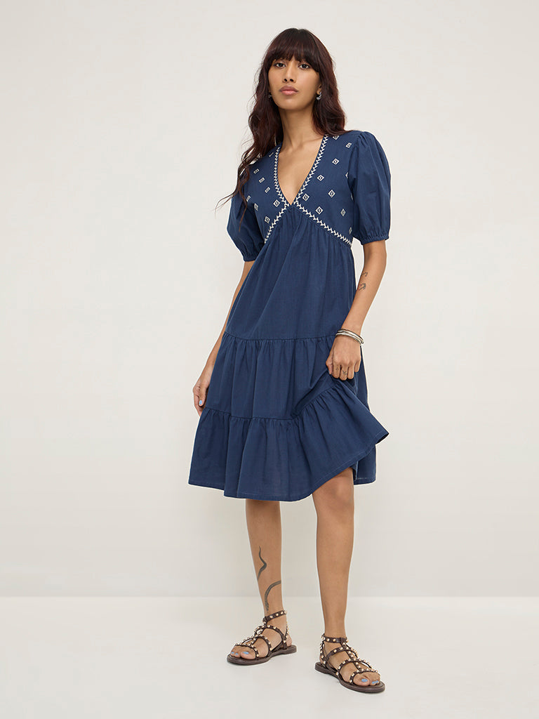 Bombay Paisley Navy Embroidered Cotton A-Line Dress