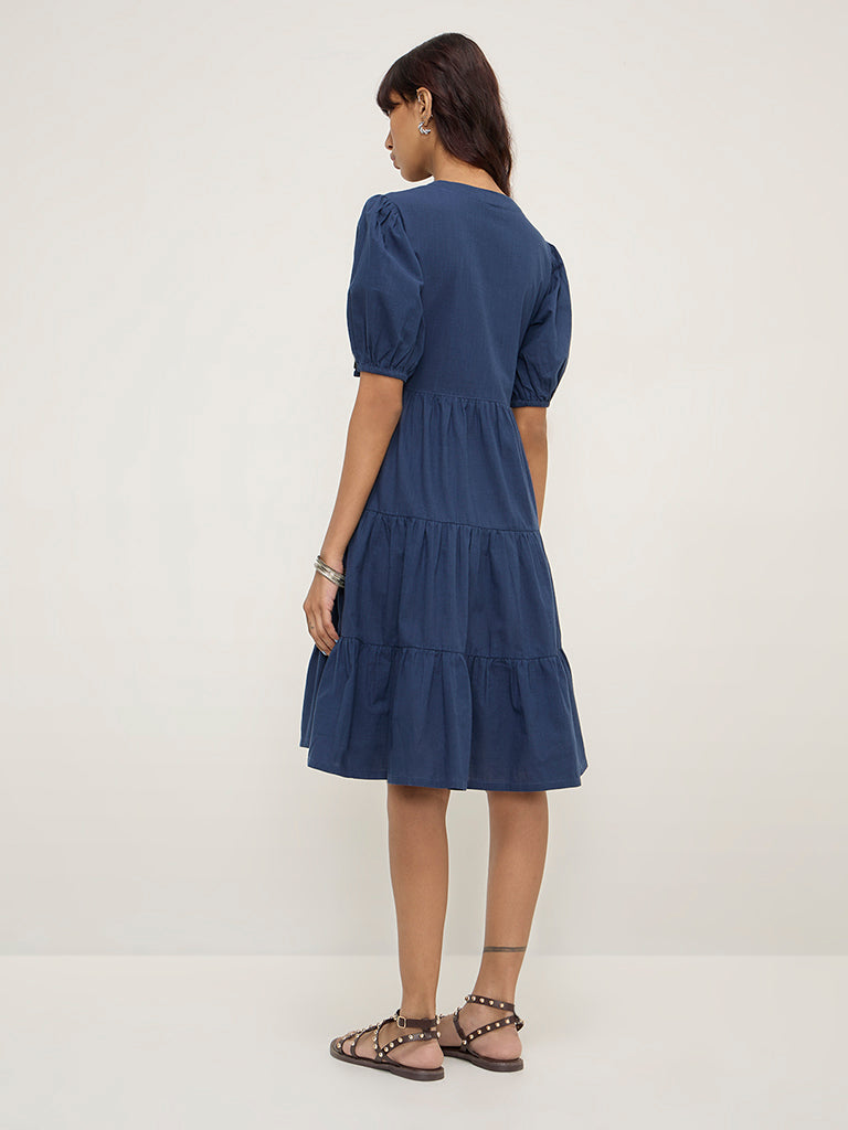 Bombay Paisley Navy Embroidered Cotton A-Line Dress