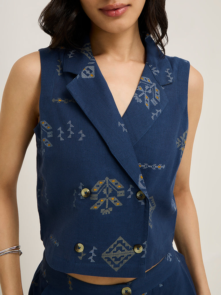 Bombay Paisley Navy Waistcoat-Style Cotton Blend Top