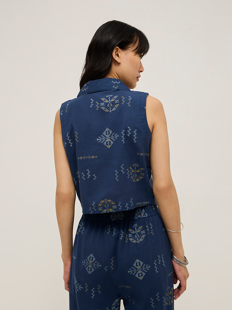 Bombay Paisley Navy Waistcoat-Style Cotton Blend Top