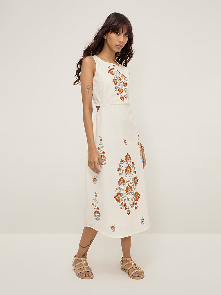 Bombay Paisley Off-White Floral Printed A-Line Cotton Blend Dress