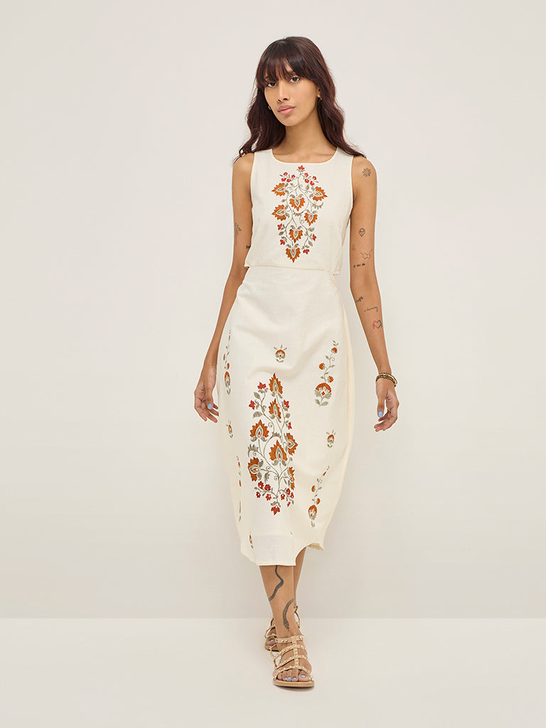 Bombay Paisley Off-White Floral Printed A-Line Cotton Blend Dress