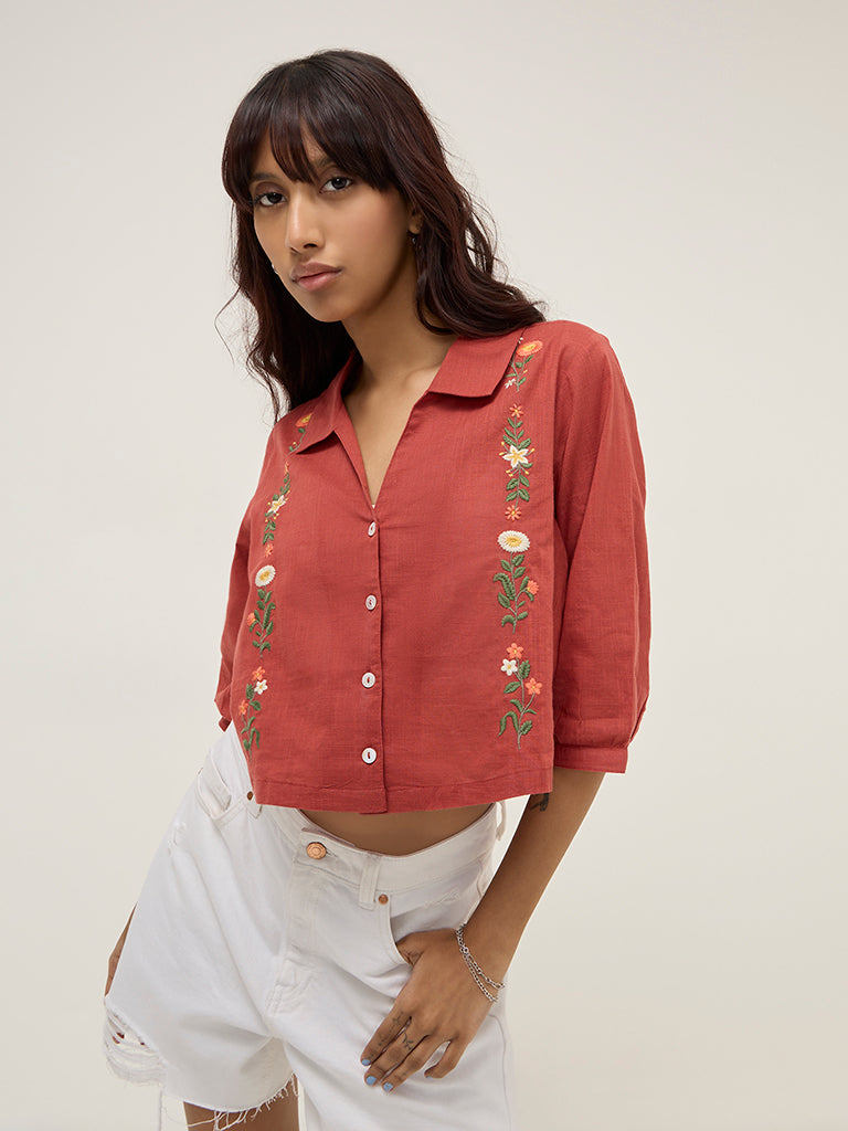 Bombay Paisley Rust Floral Embroidered Cotton Blend Shirt