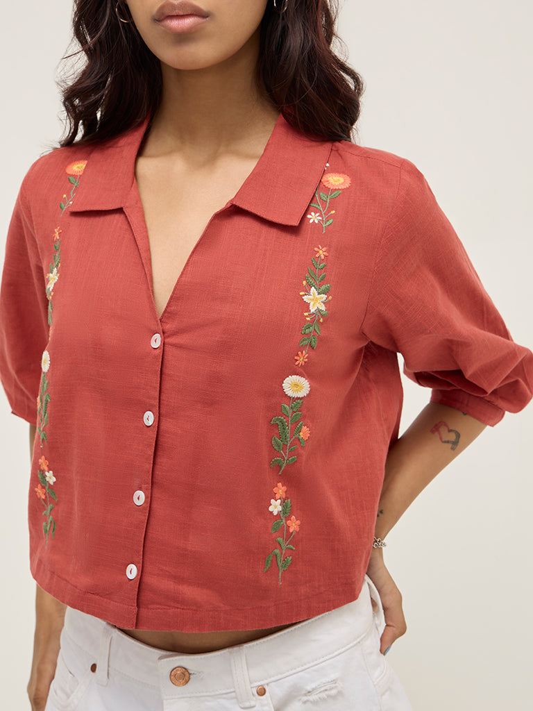 Bombay Paisley Rust Floral Embroidered Cotton Blend Shirt