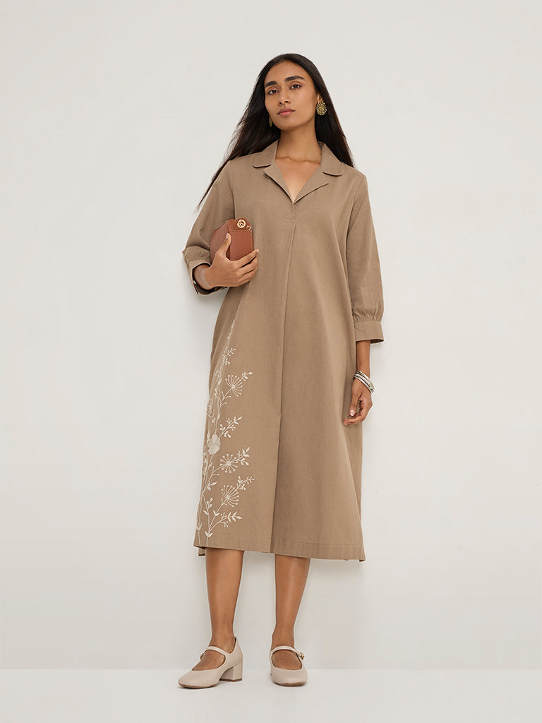 Utsa Taupe Floral Embroidered Cotton Shirt Dress