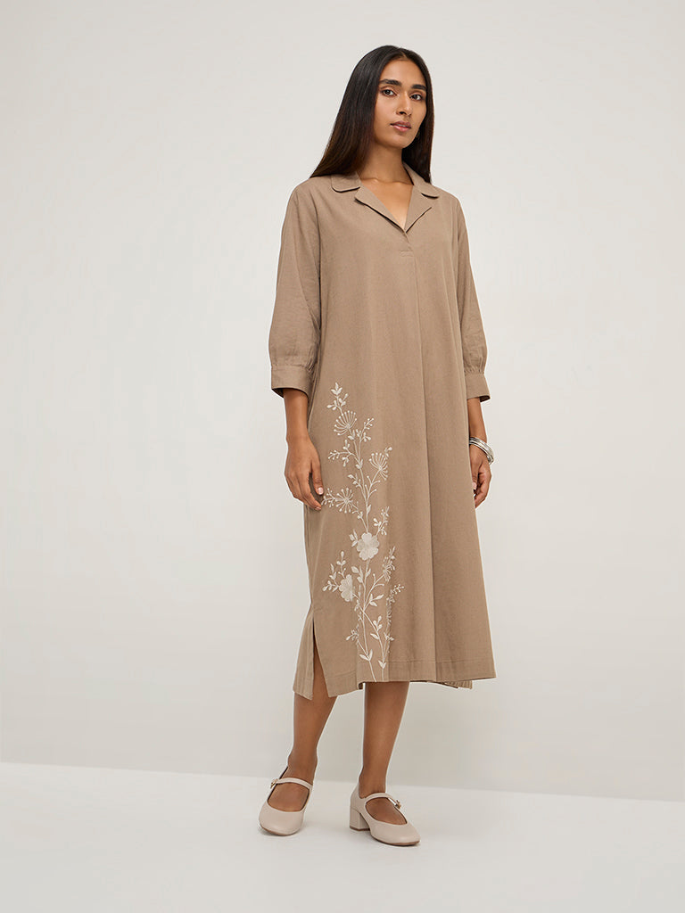 Utsa Taupe Floral Embroidered Cotton Shirt Dress