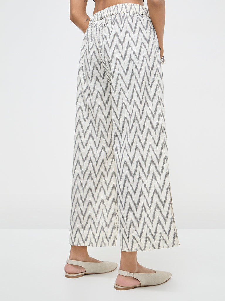 Utsa White Chevron Ikat-Printed Cotton Blend Ethnic Pants