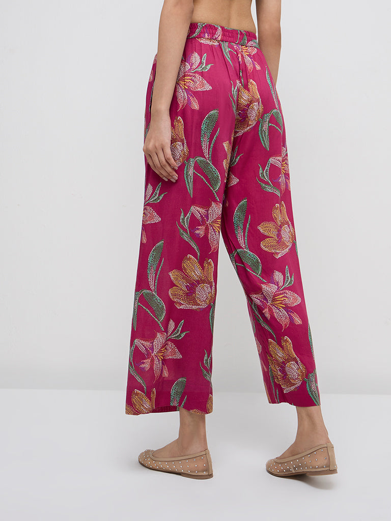 Utsa Magenta Floral Design High-Rise Ethnic Pants