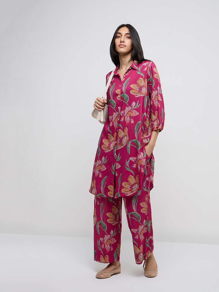 Utsa Magenta Floral Design High-Rise Ethnic Pants