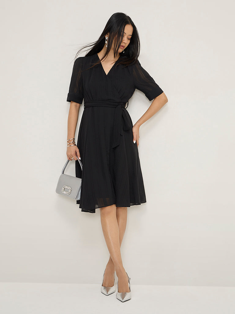 Wardrobe Black Seersucker A-Line Dress with Belt