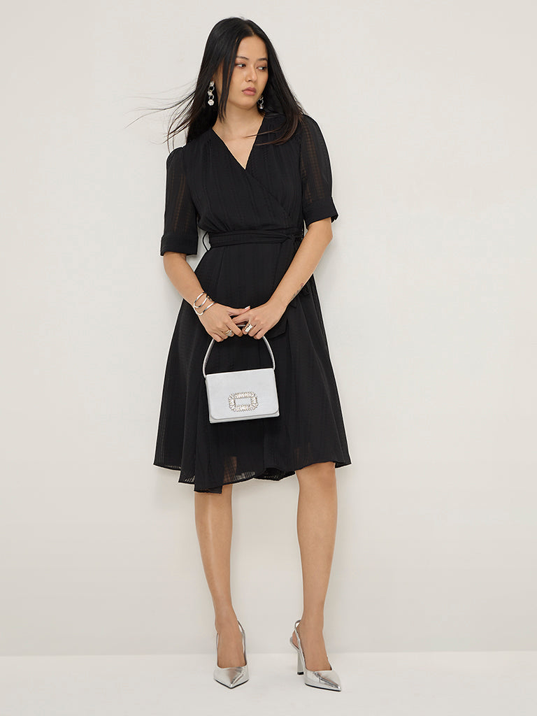 Wardrobe Black Seersucker A-Line Dress with Belt