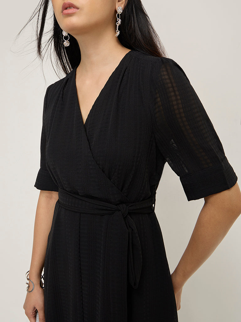 Wardrobe Black Seersucker A-Line Dress with Belt