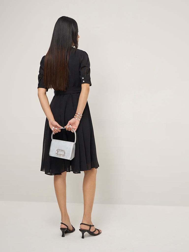 Wardrobe Black Seersucker A-Line Dress with Belt