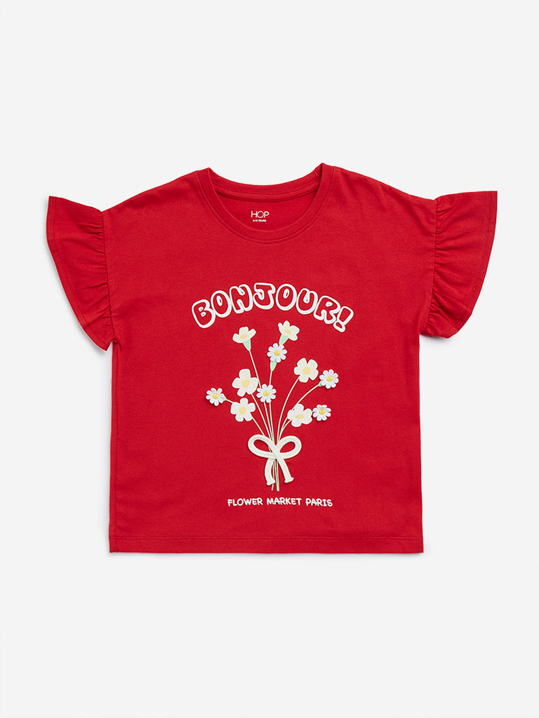 HOP Kids Red Floral Print Cotton T-Shirt