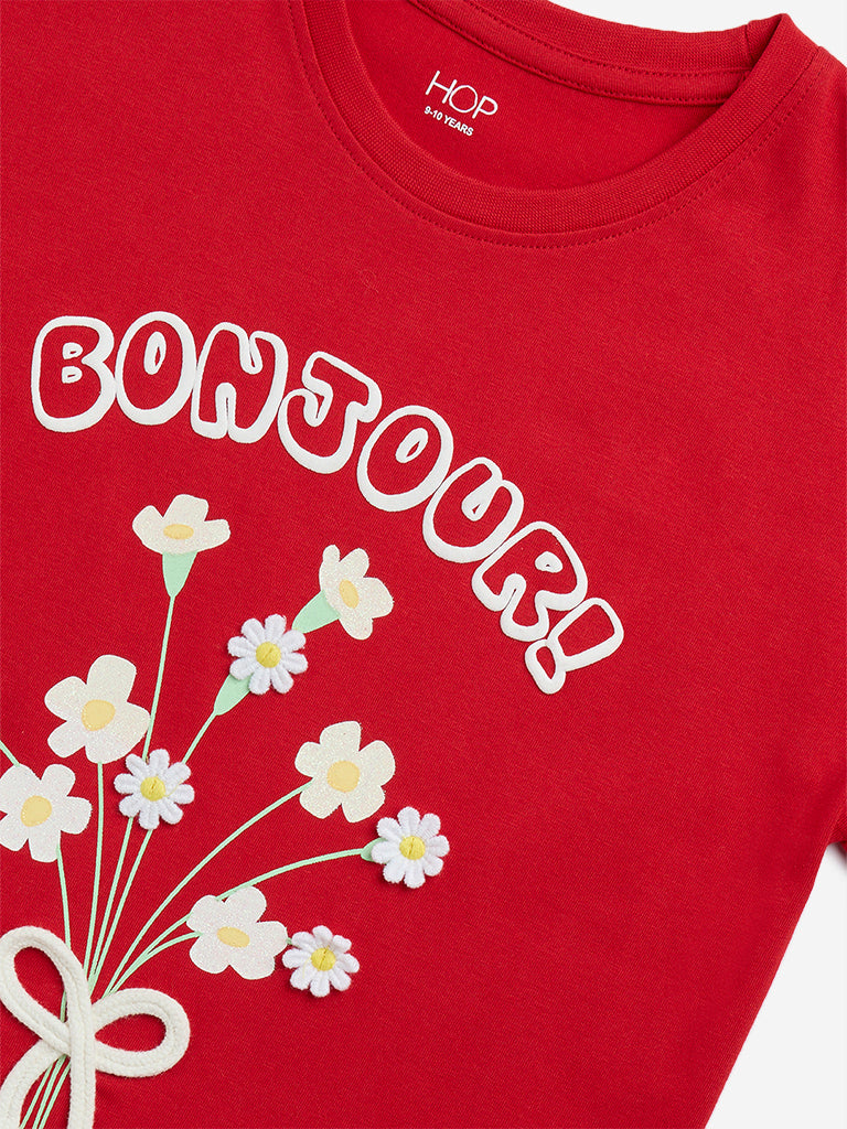 HOP Kids Red Floral Print Cotton T-Shirt