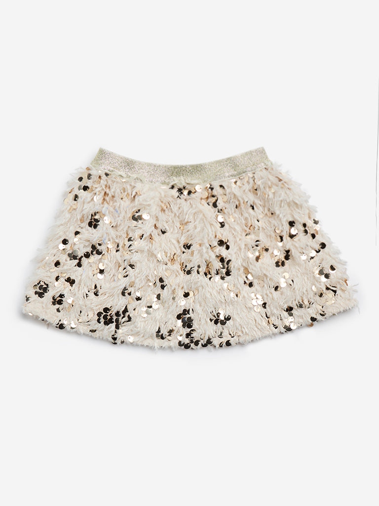 HOP Kids Light Gold Sequined Faux-Fur High-Rise Skirt