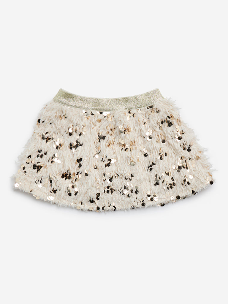 HOP Kids Light Gold Sequined Faux-Fur High-Rise Skirt