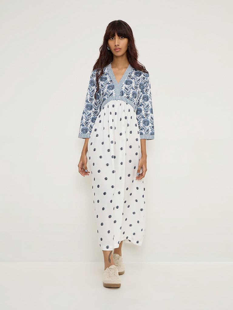 Bombay Paisley White Floral Print Empire-Line Dress