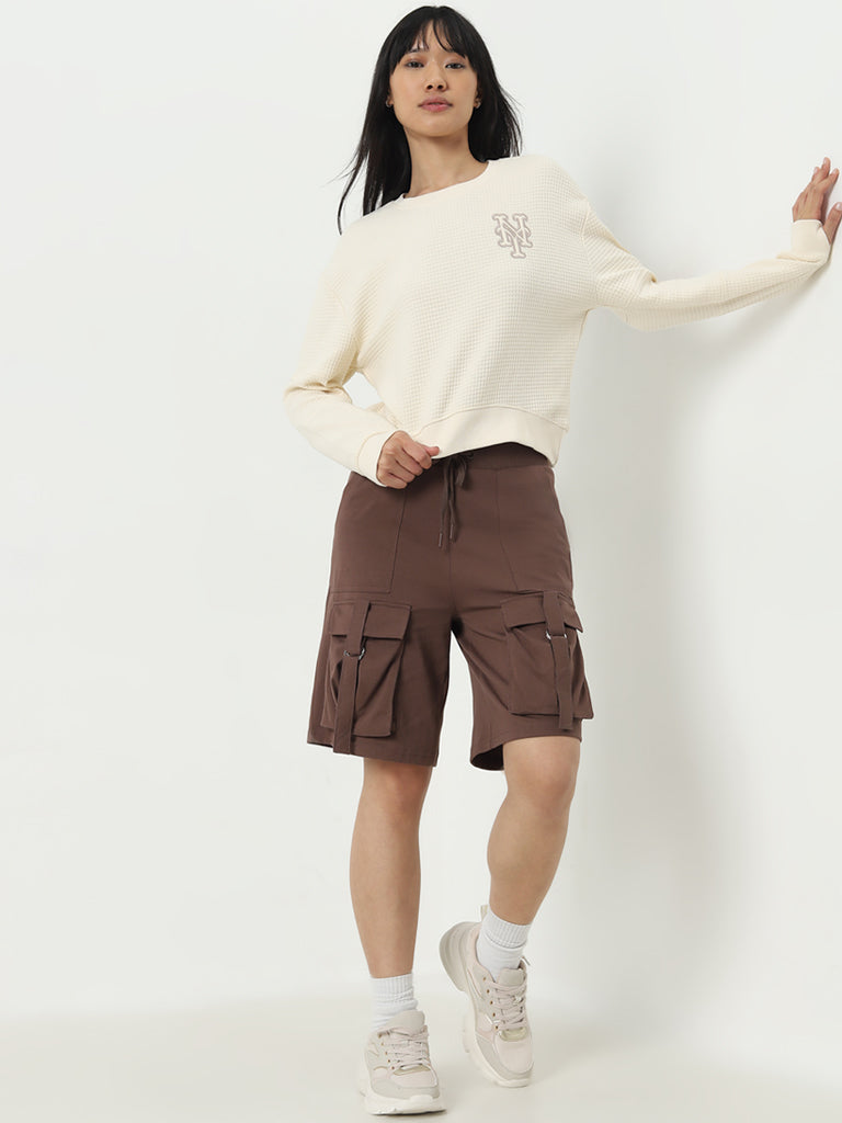 Studiofit Brown Cargo Style High-Rise Cotton Shorts