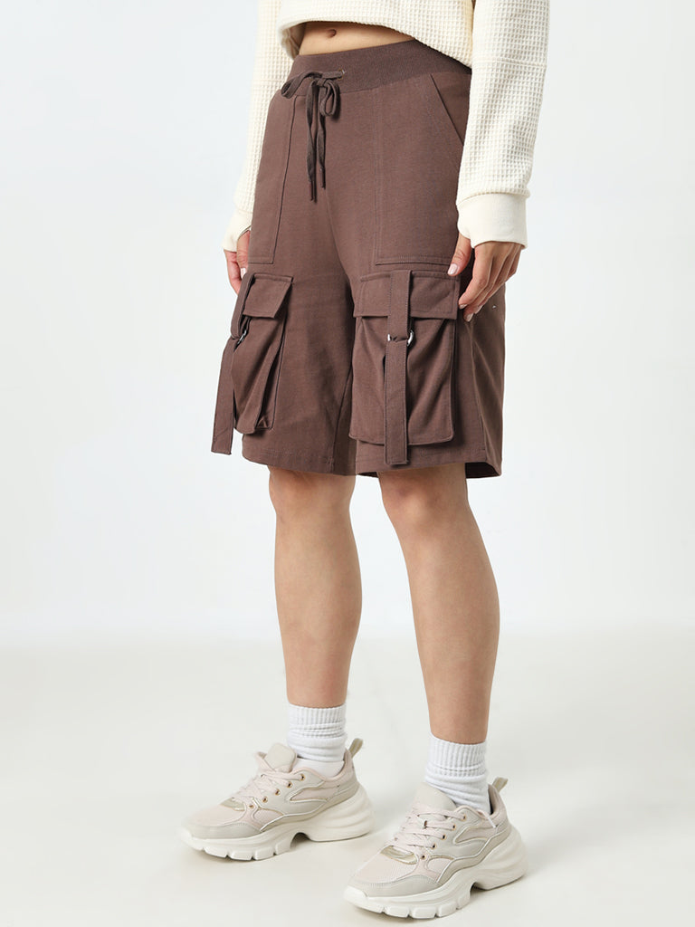 Studiofit Brown Cargo Style High-Rise Cotton Shorts