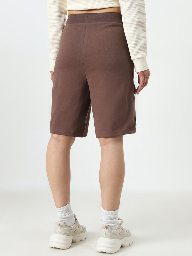 Studiofit Brown Cargo Style High-Rise Cotton Shorts