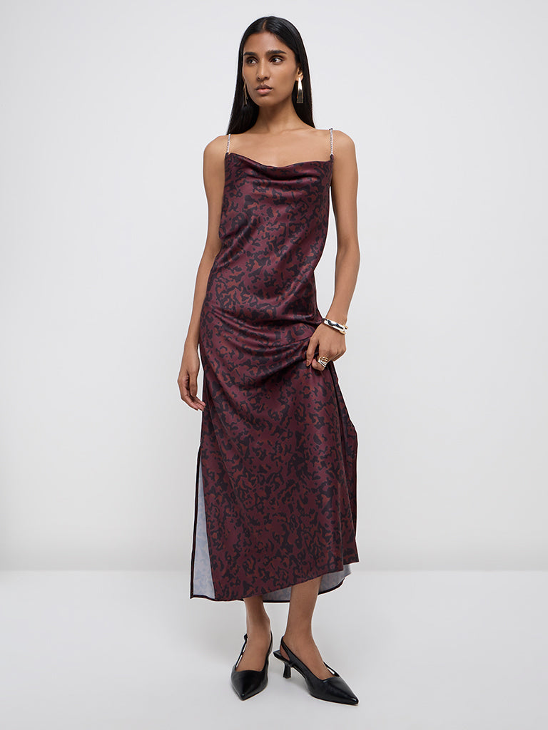 Wardrobe Burgundy Animal Printed Straight Dress