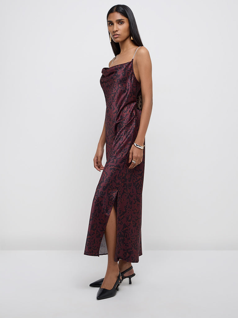 Wardrobe Burgundy Animal Printed Straight Dress